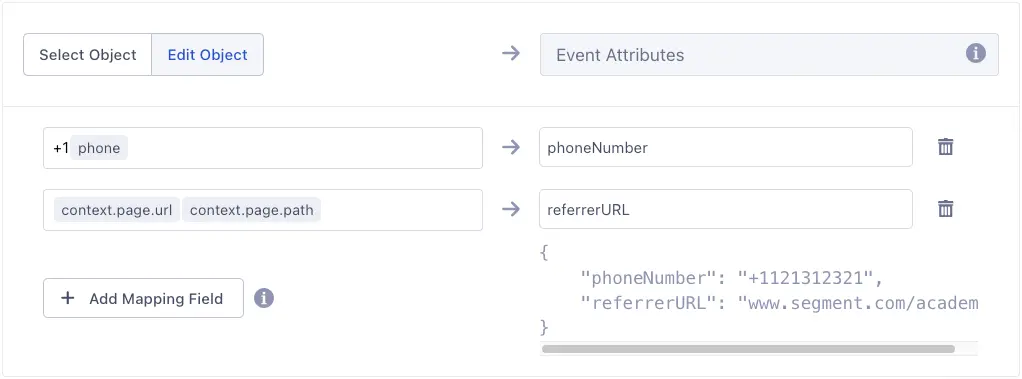 Mapping UI showing two concatenated fields: '+1 phone' and 'context.page.url context.page.path'.
