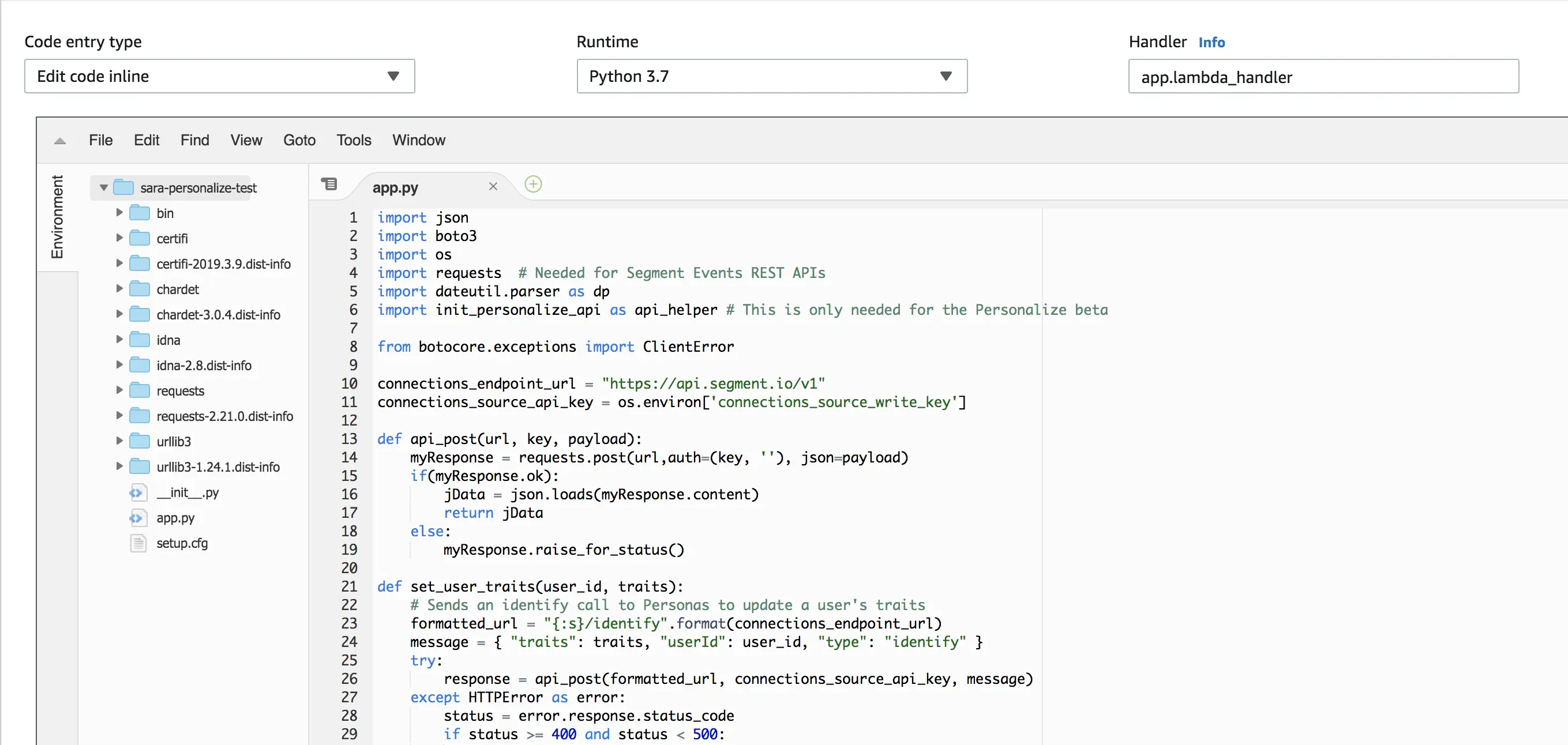 AWS Lambda code editor showing Python script for API requests and user trait updates.
