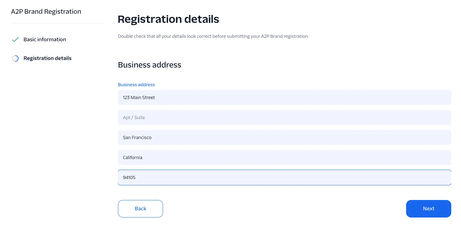 Business address screen with street address, Apt or Suite, city, state, and ZIP code fields.