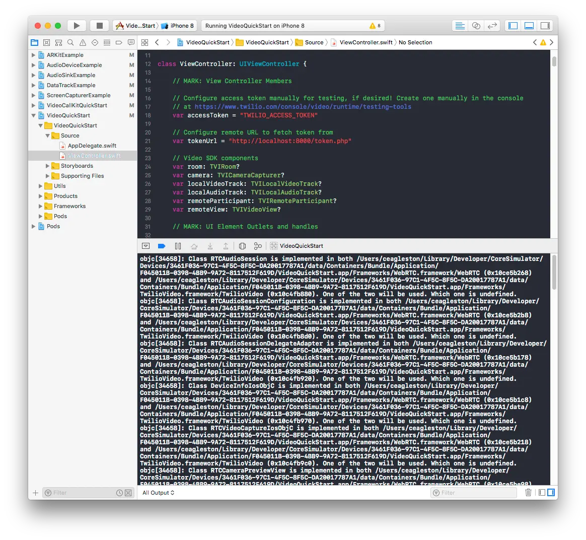 Xcode showing ViewController.swift with video SDK setup and error logs in console.