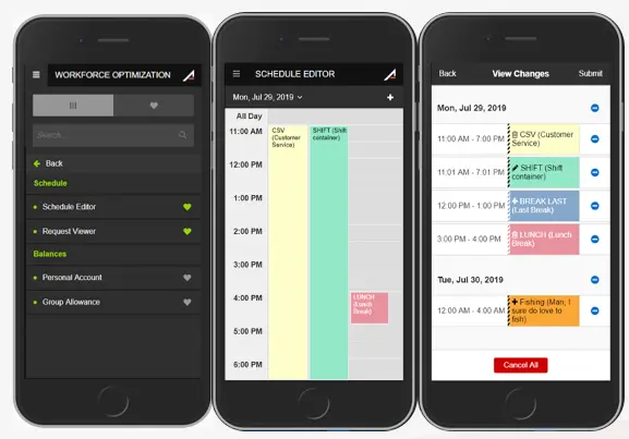 Mobile app screens showing workforce optimization, schedule editor, and schedule changes.