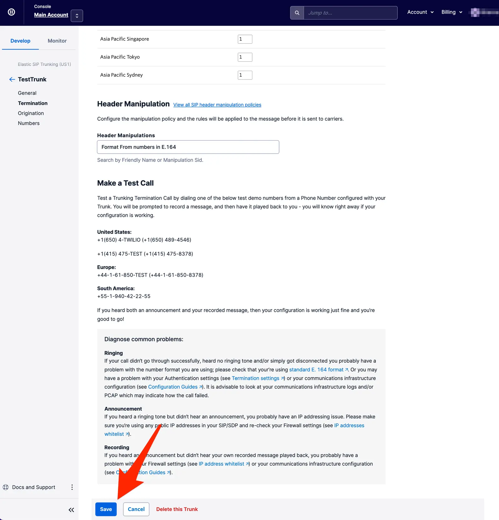 Header Manipulation settings with options to format numbers and save trunk configuration.