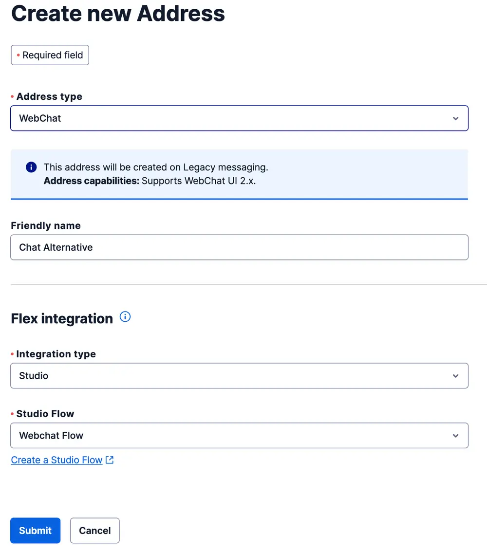 Form to create a new WebChat address with Flex integration options.