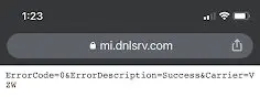 Browser showing ErrorCode 0, ErrorDescription Success, Carrier VZW.