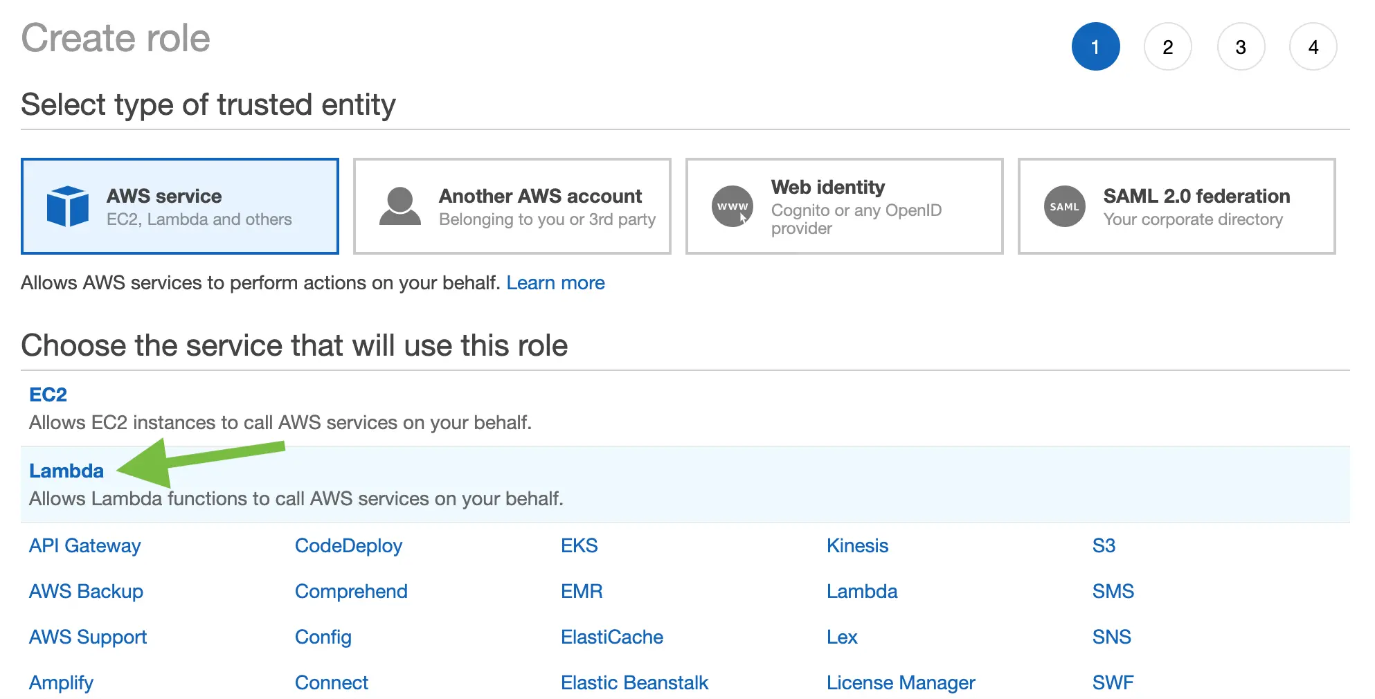 Select AWS Lambda as the trusted entity for the role.