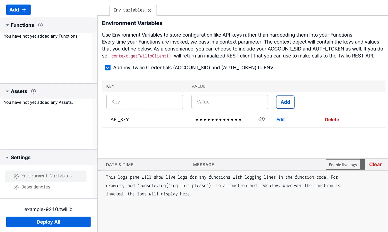 UI for managing environment variables with options to add API keys and Twilio credentials.