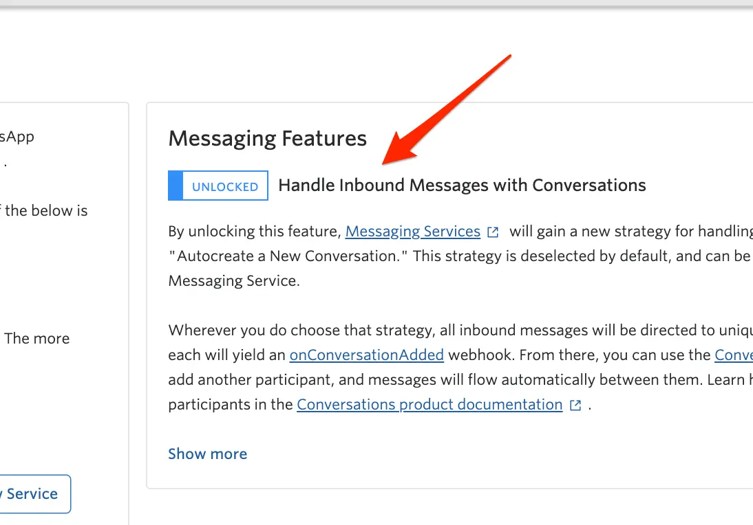 Messaging Features section with 'Unlocked' toggle for handling inbound messages with Conversations (classic).
