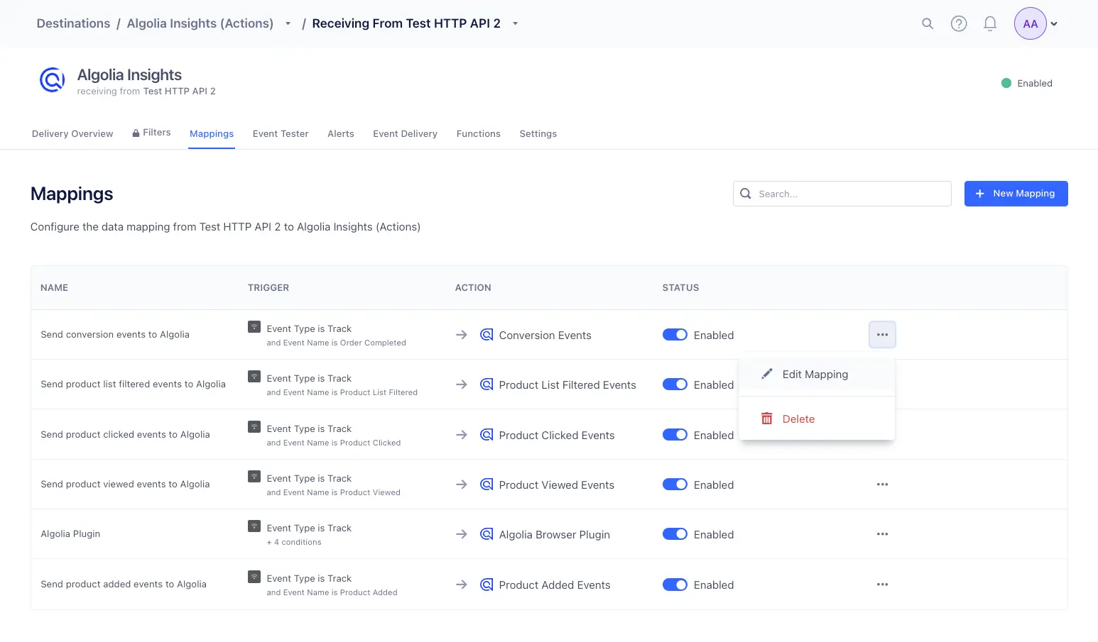 Algolia Insights mappings tab showing data mapping configurations with actions and status toggles.