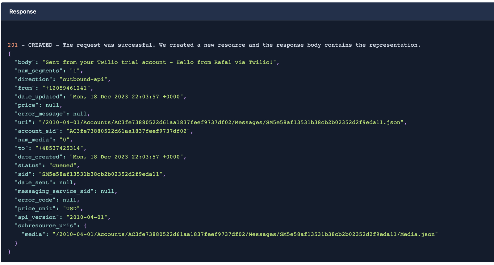 first SMS message Response panel.