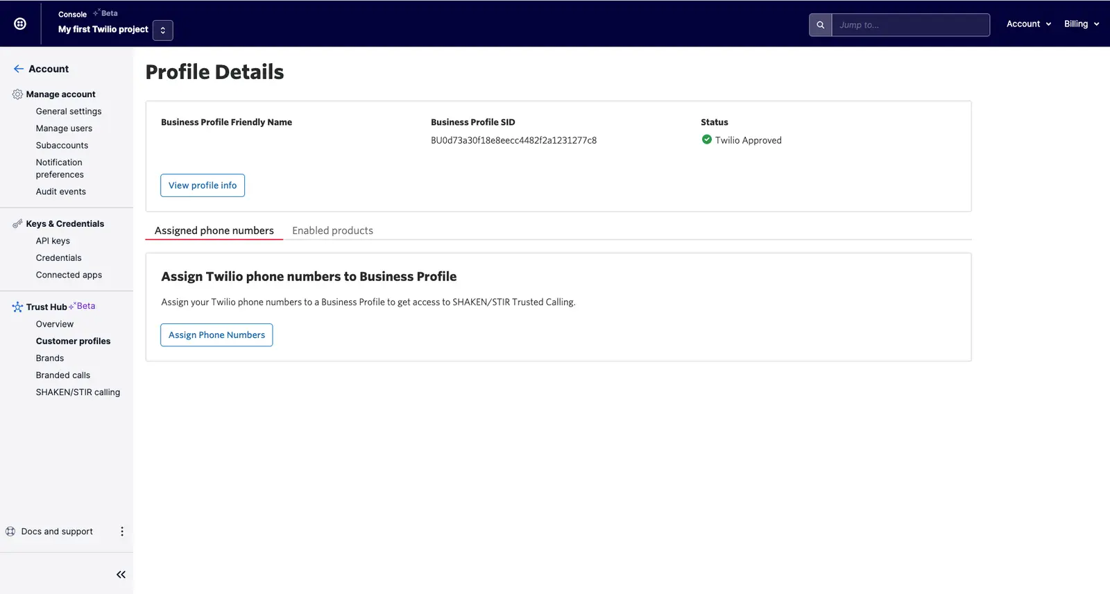 Profile details showing business profile SID and Twilio approved status.