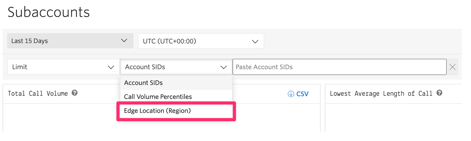Subaccount Dashboard Region Filter.