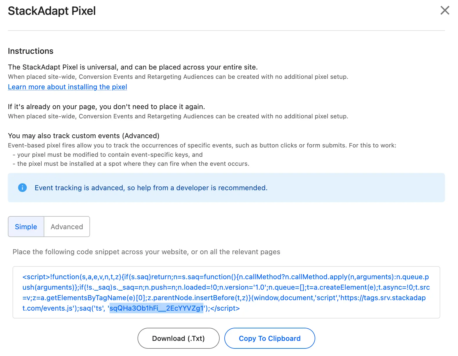 StackAdapt Pixel instructions with code snippet for universal pixel ID.