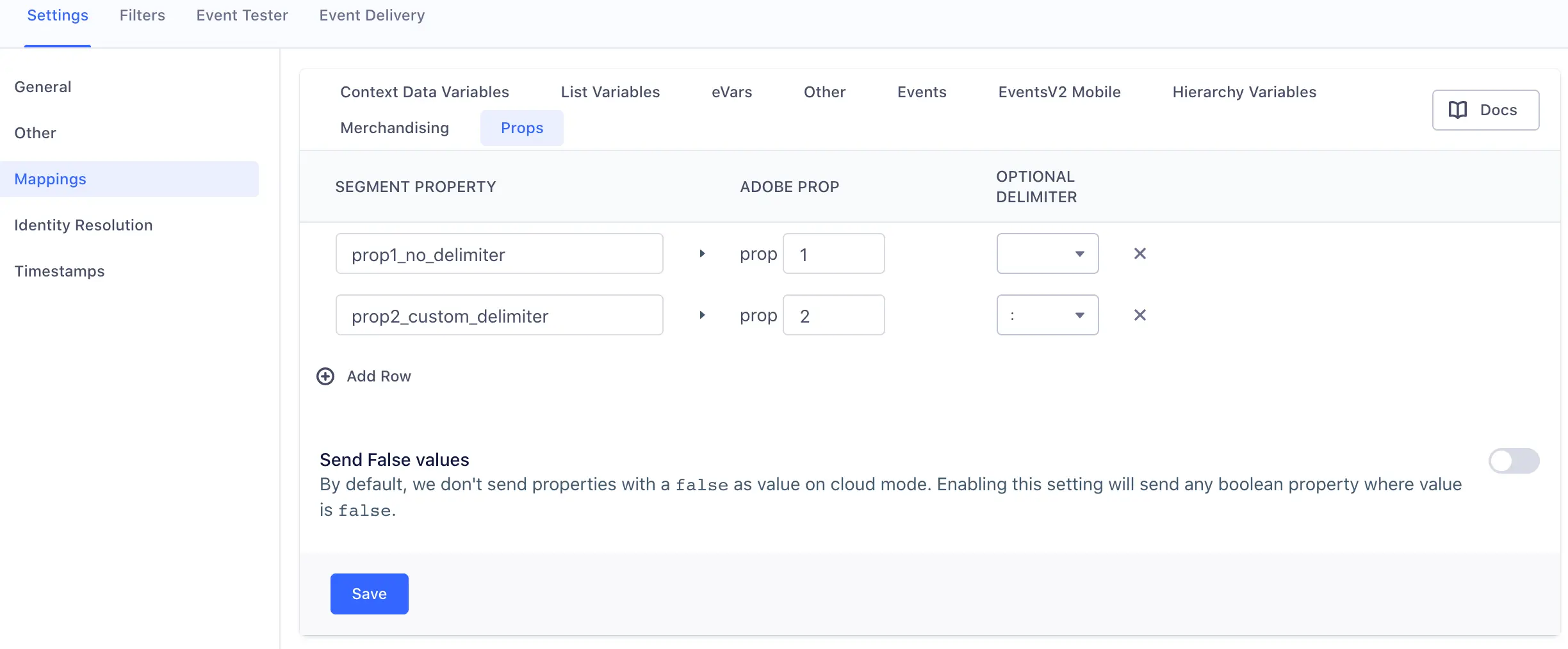 A screenshot of the Adobe Analytics settings page in Segment, with the Mappings section selected and two sample properties mapped under the Props tab.