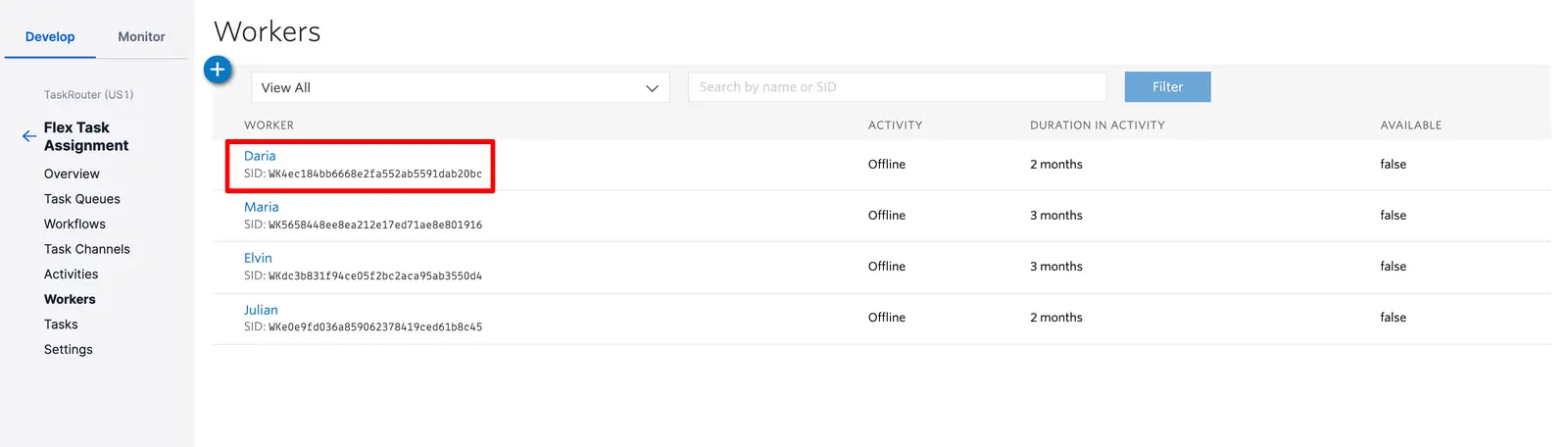 Worker list with Daria highlighted, showing SID, activity status, and duration.