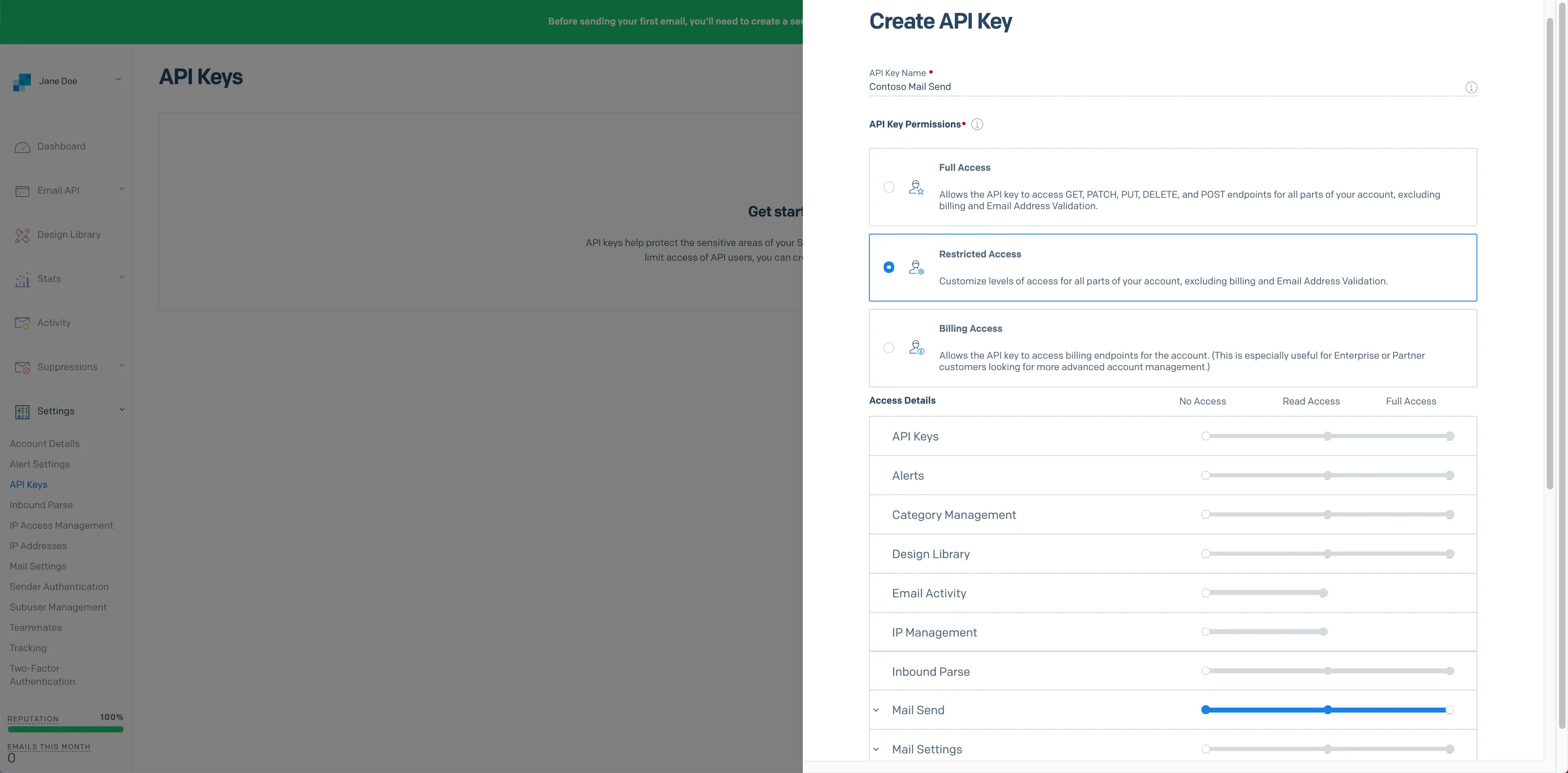 Create API Key modal with options for API key name, permissions, and access levels.