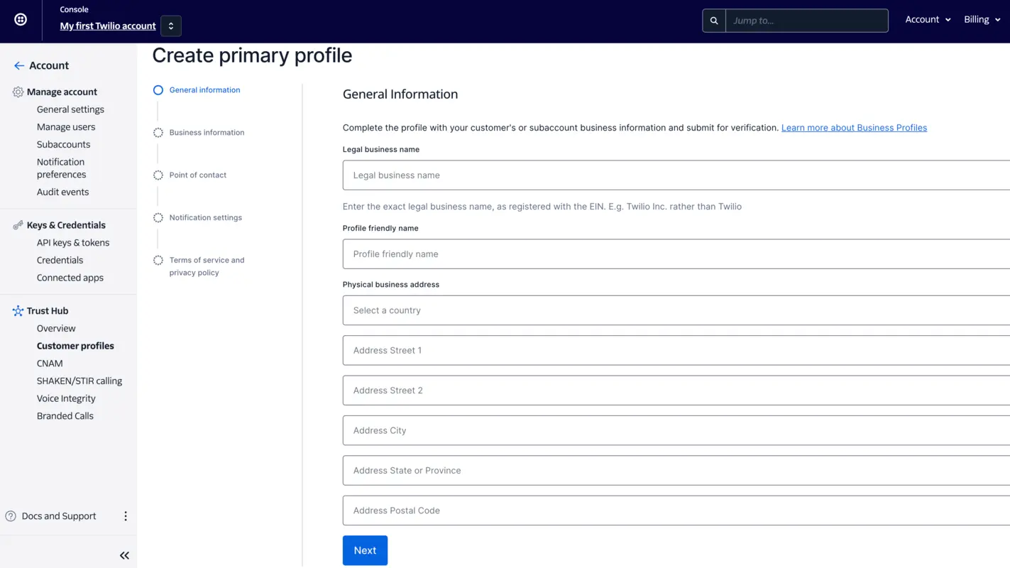 Form to enter business legal name, profile name, and address for verification.