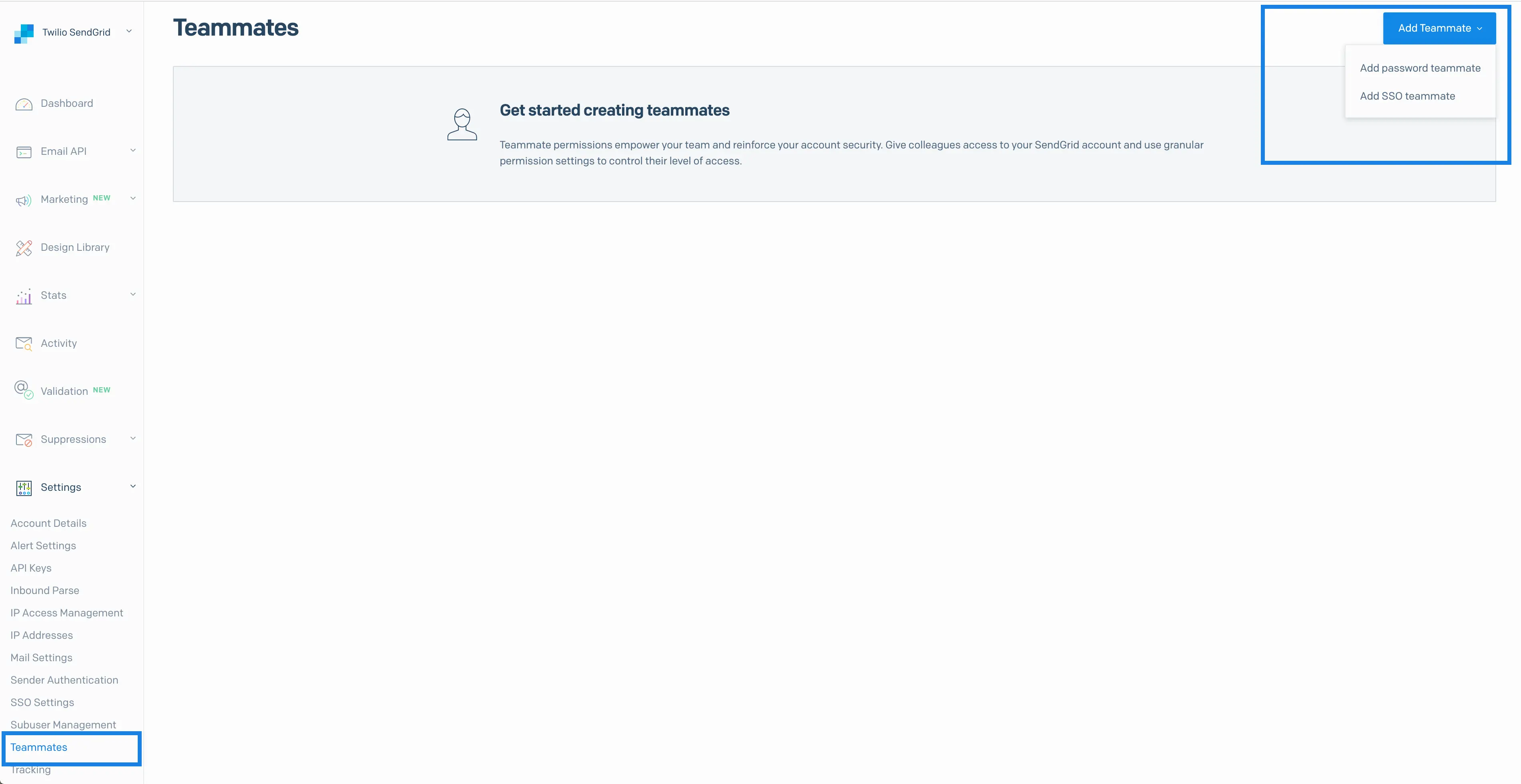 Add teammate options: password or SSO in SendGrid interface.