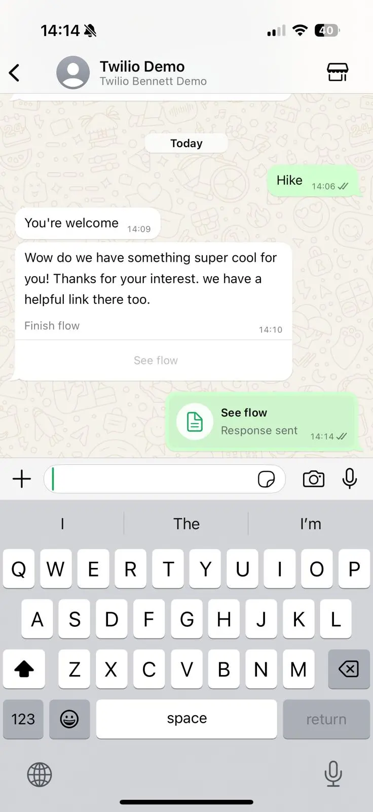 Twilio Demo chat showing a response with a helpful link and notification.