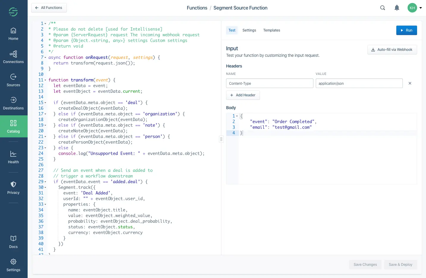Functions editor that allows you to test your function by customizing the input request.