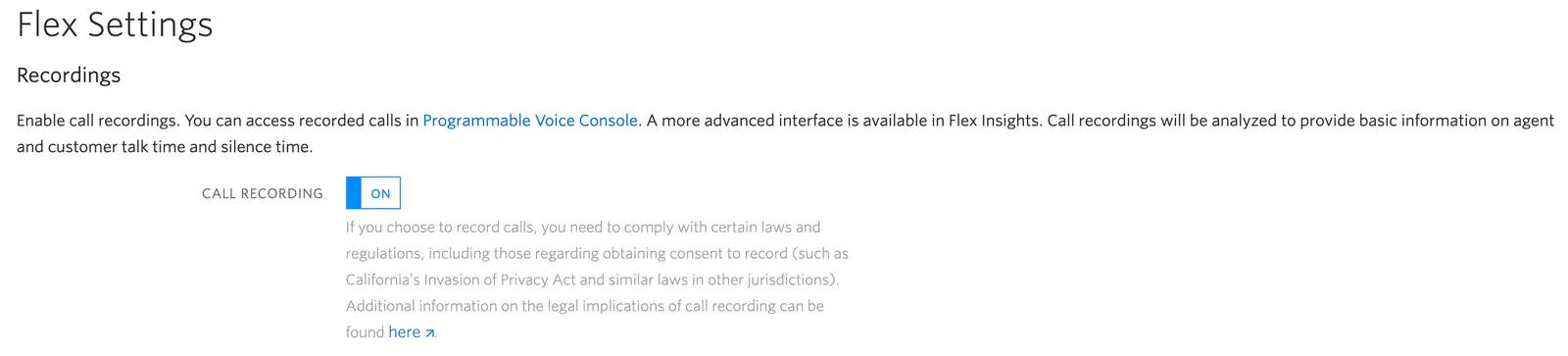 Flex settings with call recording toggle set to on and legal compliance note.
