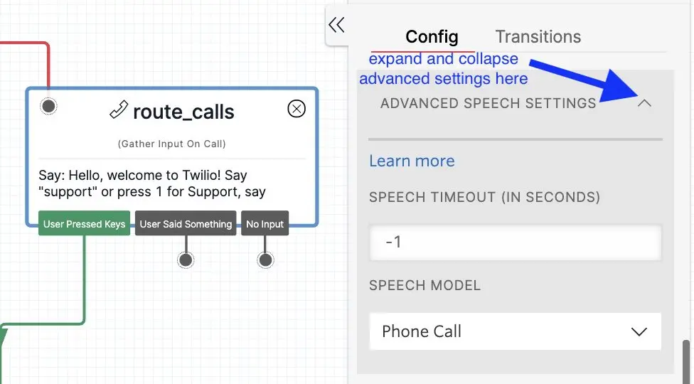 Advanced speech settings with options for speech timeout and model in Gather Input on Call widget.