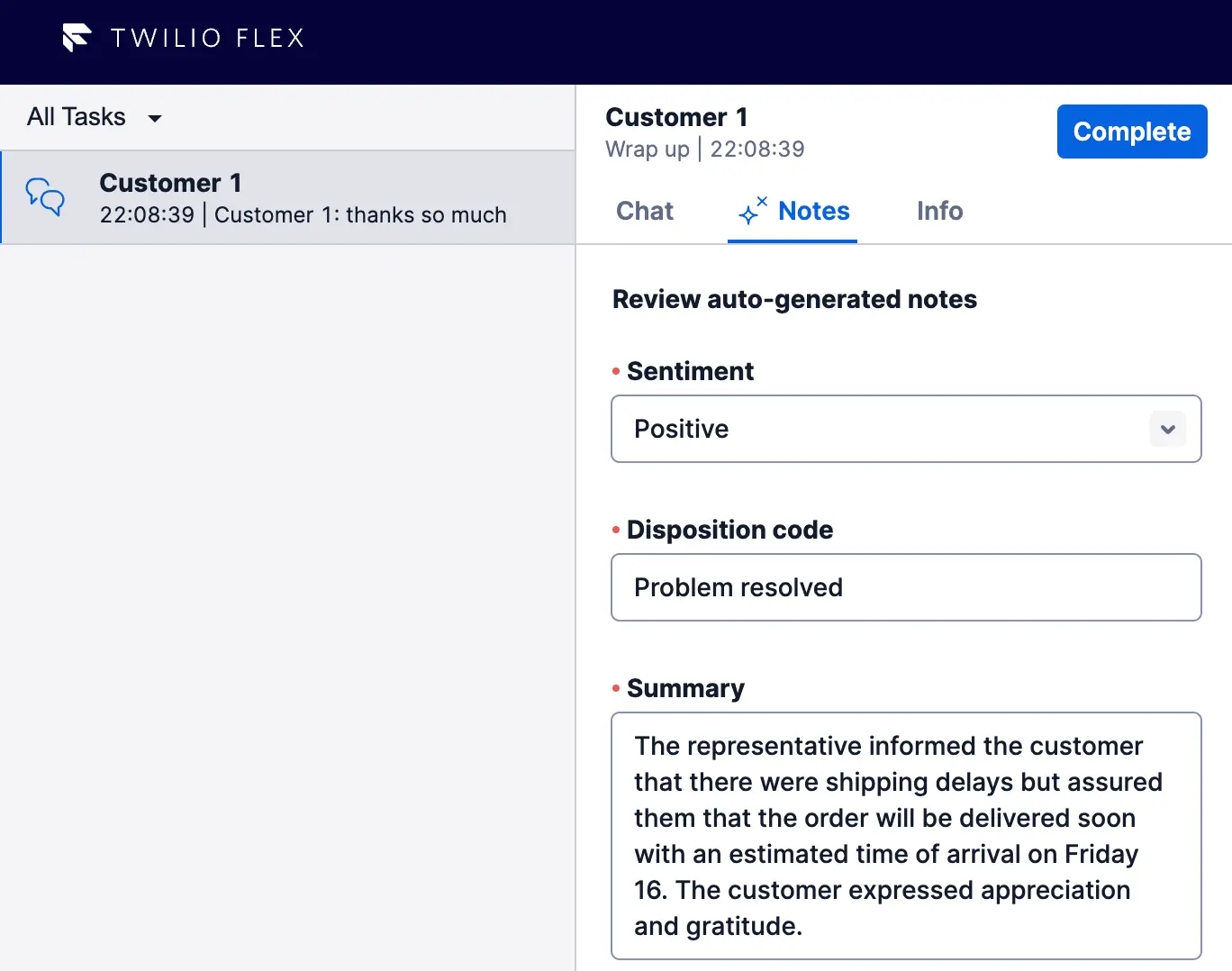Example of wrap-up notes in the Flex UI.