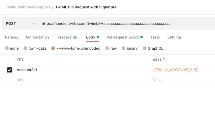 Postman interface showing a TwiML Bin request with AccountSid parameter.
