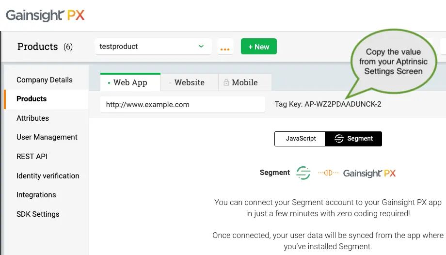 Gainsight PX Products tab with callout to copy Tag Key from Aptrinsic Settings Screen.