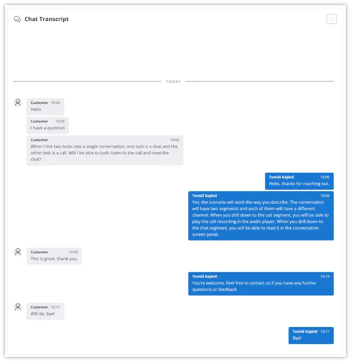 Chat transcript showing a conversation between a customer and support about linking chat and call tasks.