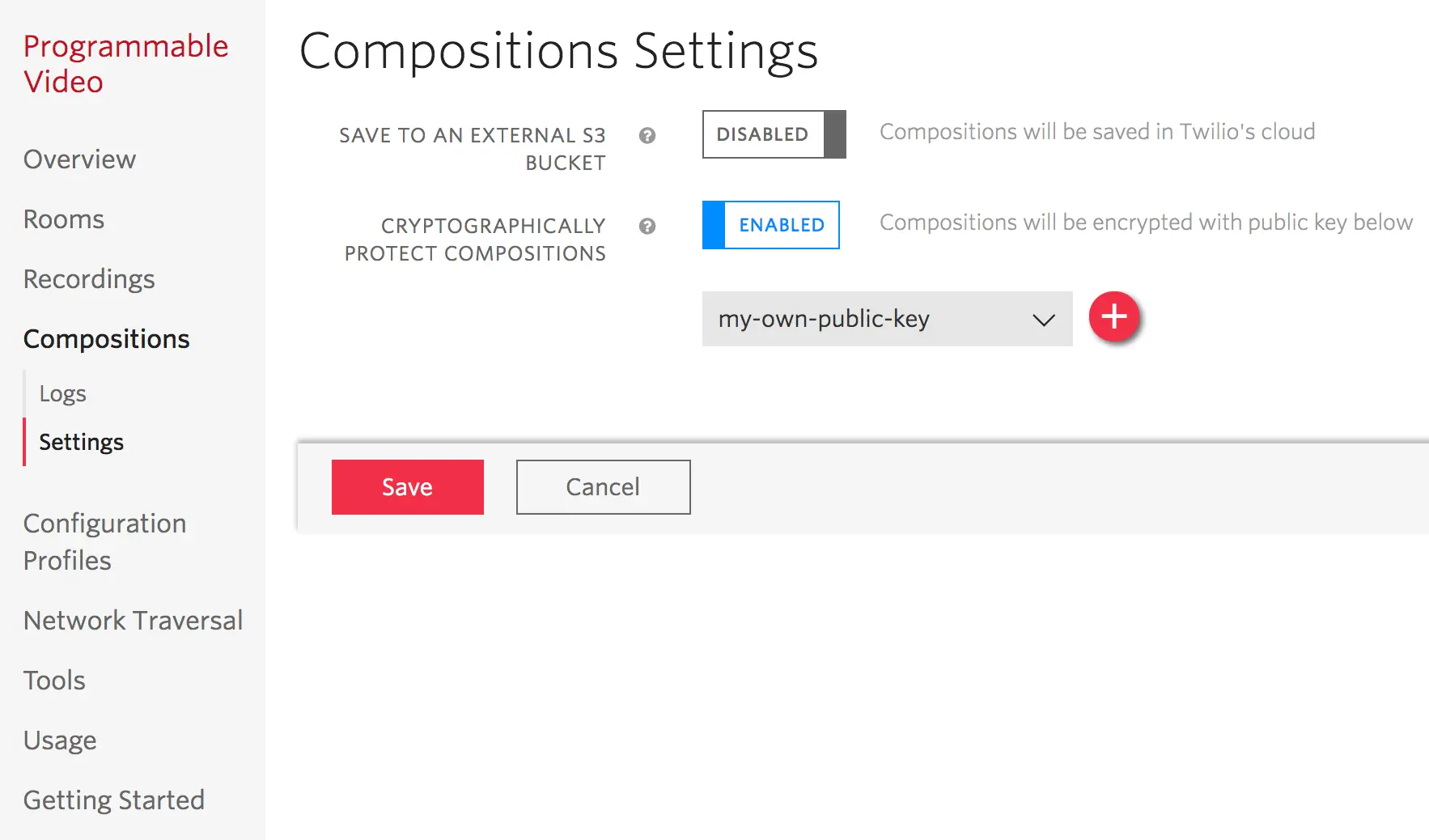 Compositions settings with 'Cryptographically Protect Compositions' activated and a 'Save' button.