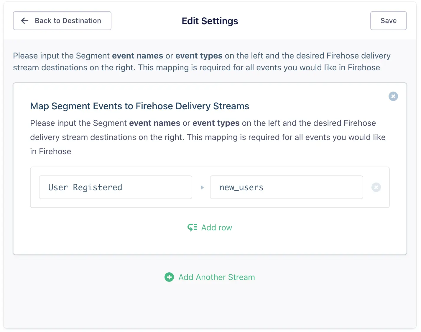 Map Segment events to Firehose streams with event names and stream destinations.