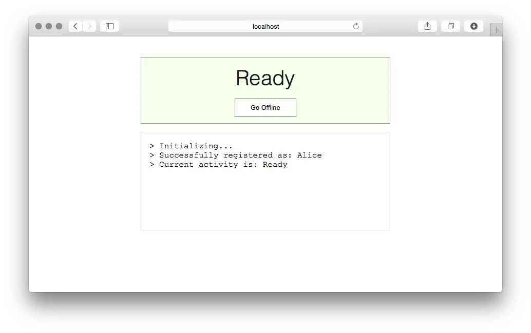 Agent UI showing status 'Ready' with option to 'Go Offline'.