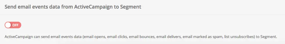 ActiveCampaign email events data sent to Segment toggle is on with last event was unsubscribe on 06/22/2016 at 11:23.