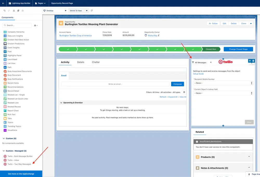 Salesforce opportunity page with Twilio integration panel for message settings.