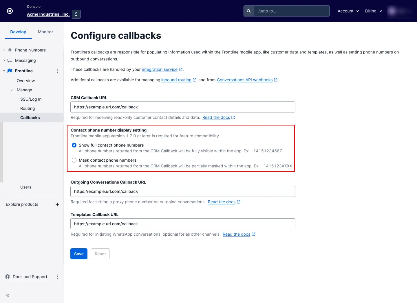 Configure callbacks interface for Frontline app with options for displaying or masking contact phone numbers.