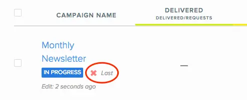 Monthly Newsletter campaign in progress with cancel option highlighted.
