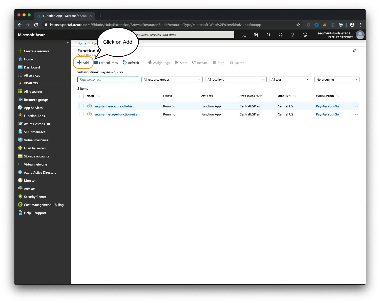 Azure Function Apps dashboard showing two running apps with an Add button highlighted.