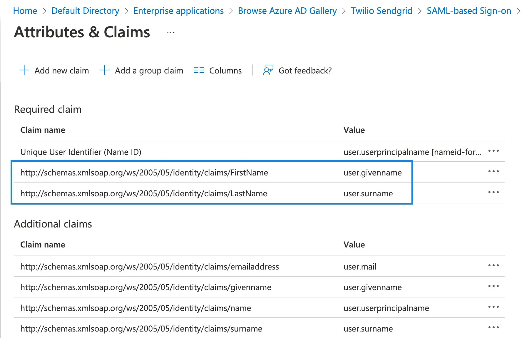 SAML attributes FirstName and LastName mapped to user.givenname and user.surname.