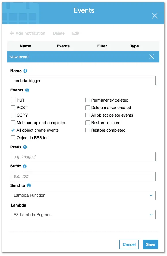 AWS S3 event configuration page where you add the name of the function you created to the Lambda field.