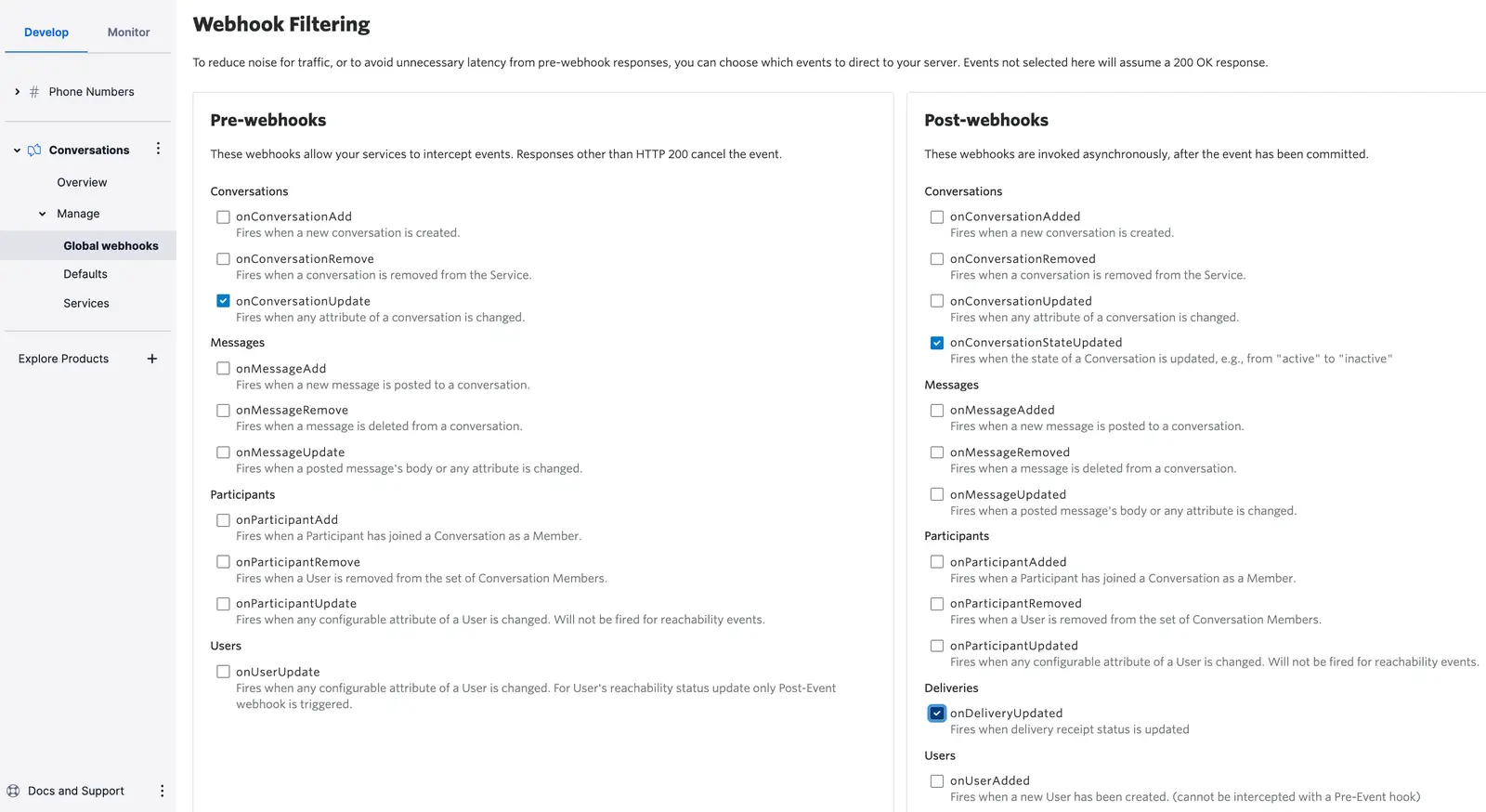 Webhook filtering options for pre and post events with checkboxes for conversations, messages, participants, and users.