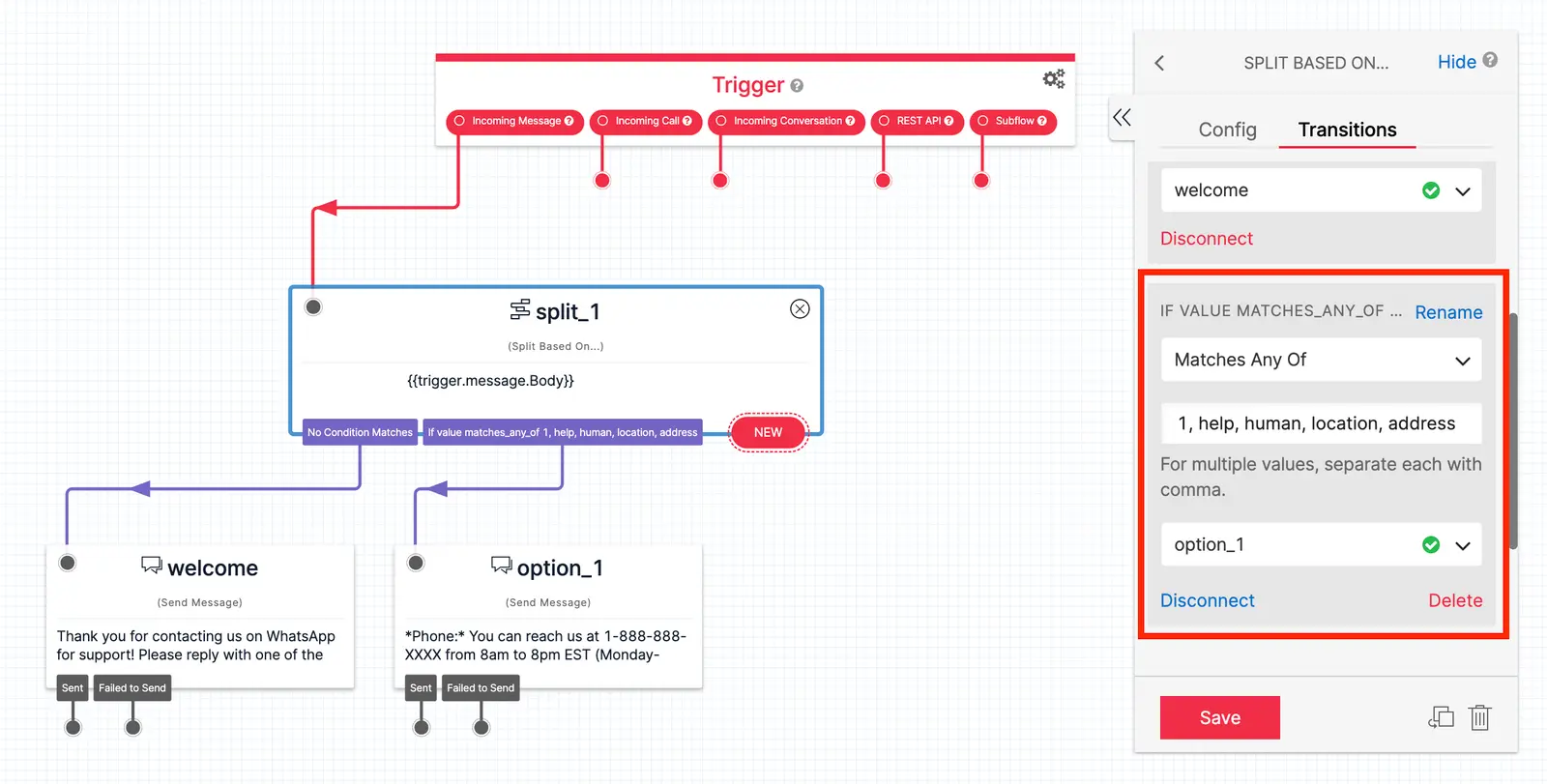 Twilio Studio Tutorial WhatsApp Customer Support Split Based On widget added transition for option 1.