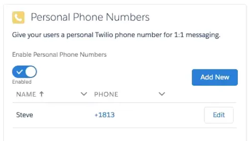 Twilio personal phone numbers interface with toggle enabled and add new button.