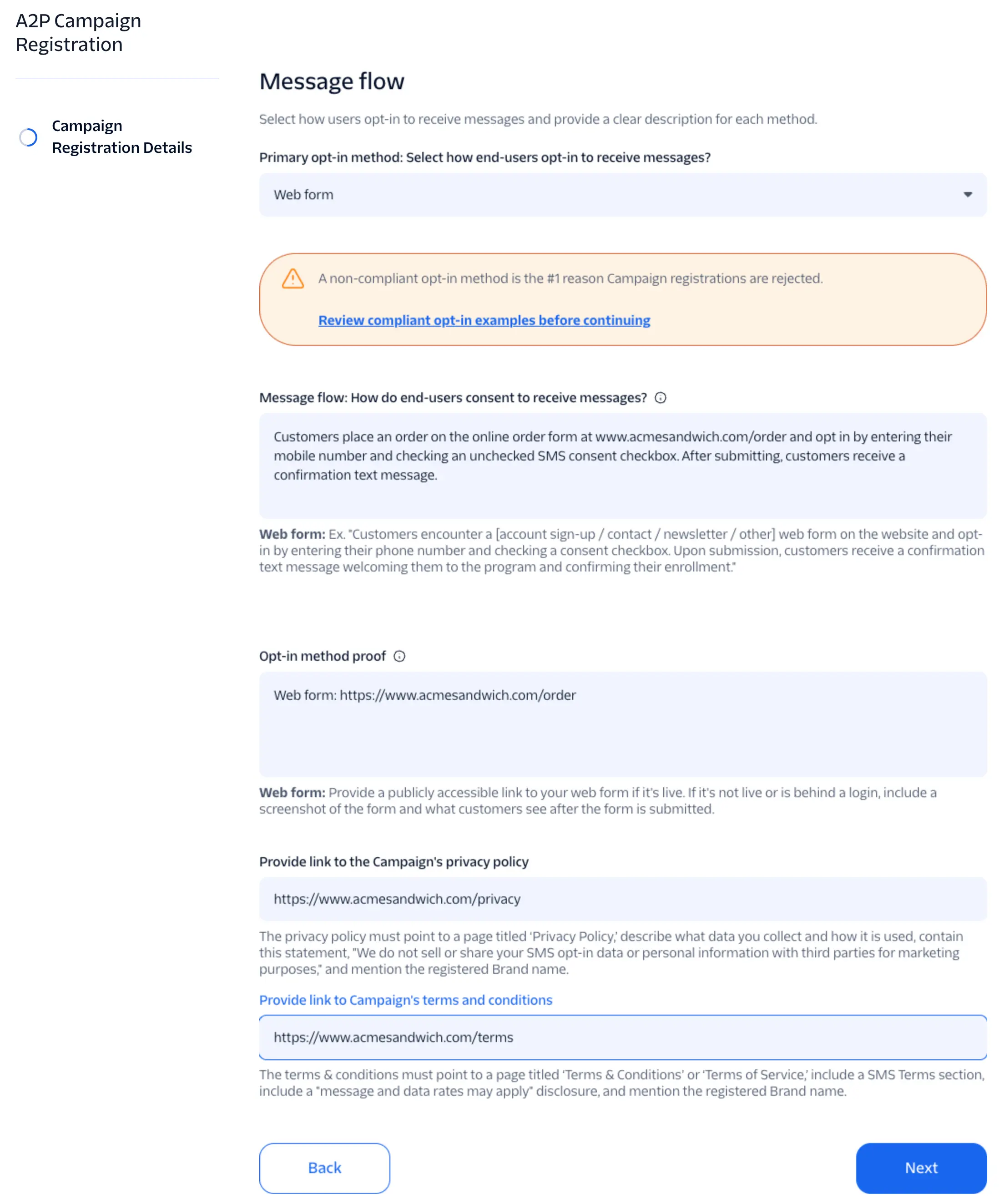 Message flow screen with Web form selected as the primary opt-in method, a consent description, opt-in proof, and privacy policy and terms and conditions links.