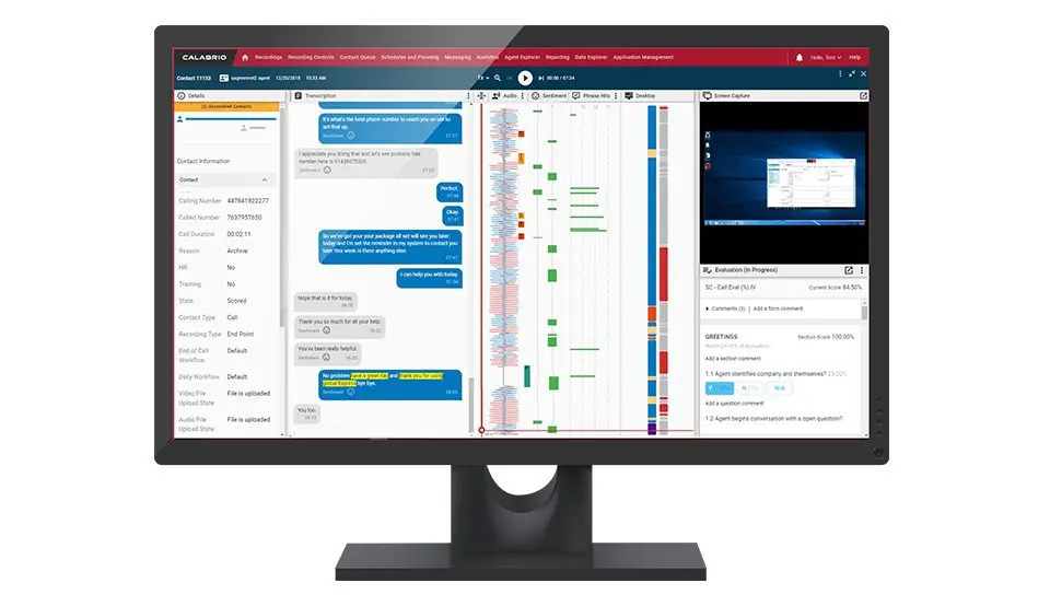 Calabrio One interface showing chat transcript, audio analysis, and screen capture.