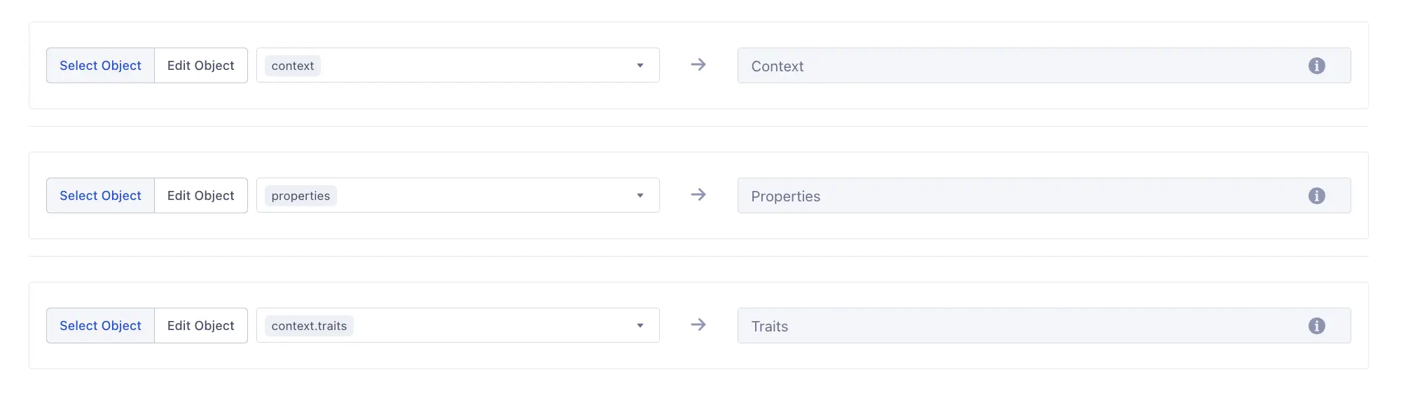 Mapping interface in the Segment UI showing context, properties, and traits being mapped.