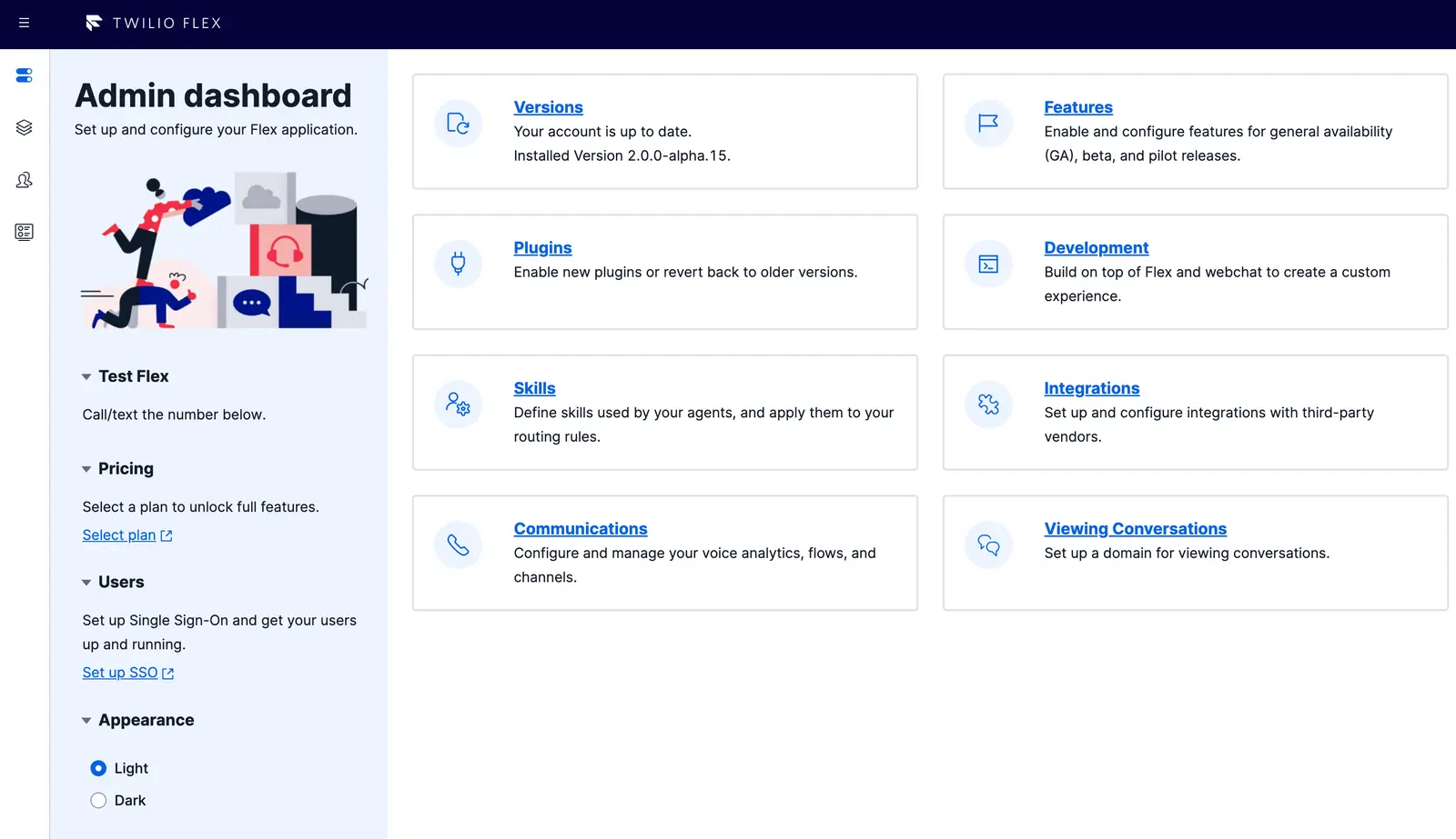 Twilio Flex admin dashboard with options for versions, plugins, skills, and integrations.