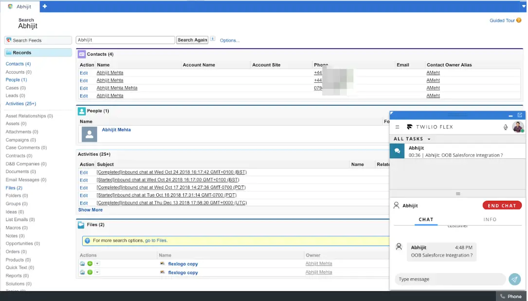 Search results for existing contacts (Salesforce Classic).