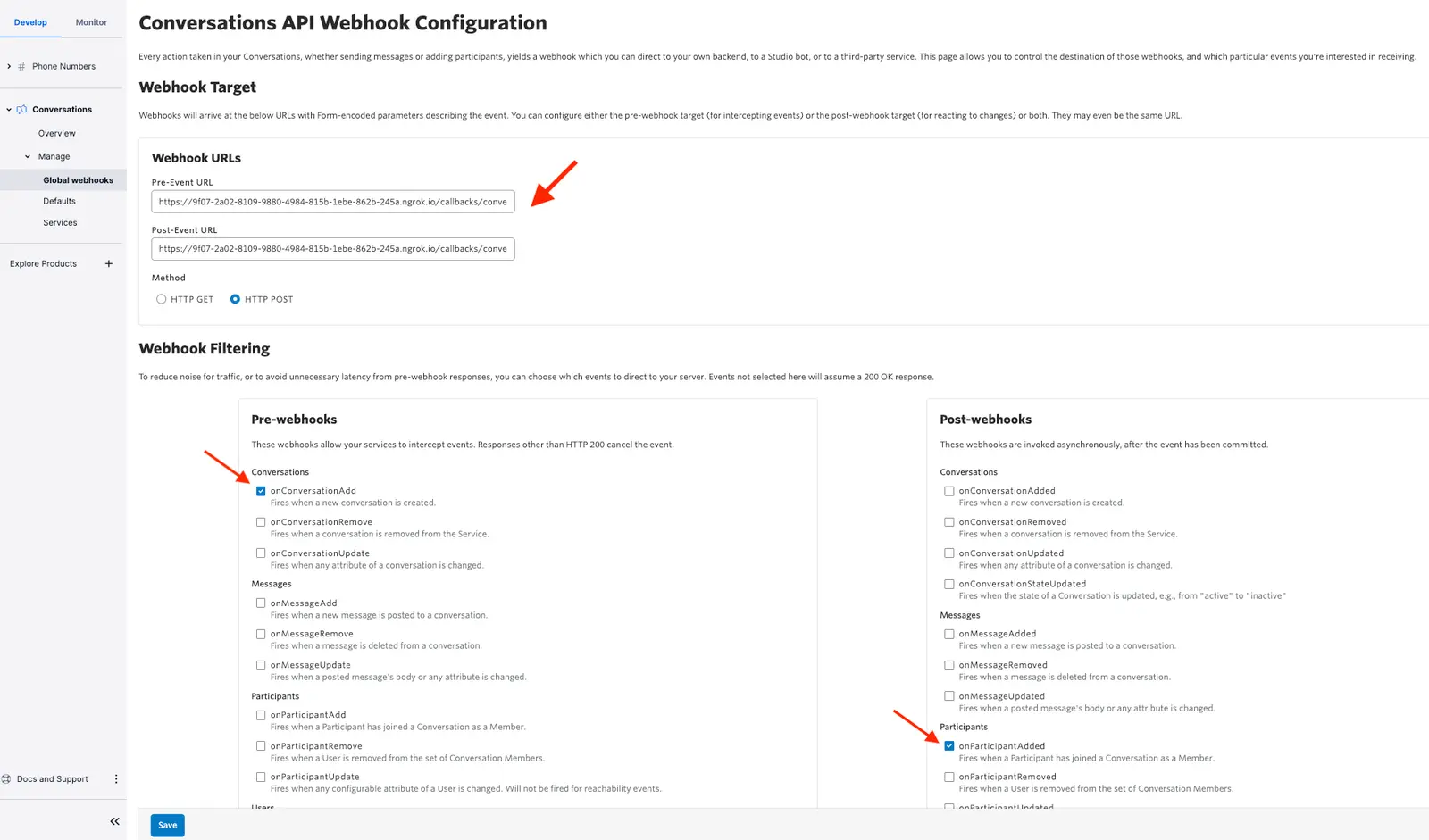 Conversations API Webhook Configuration with pre and post-webhook URL settings and filtering options.