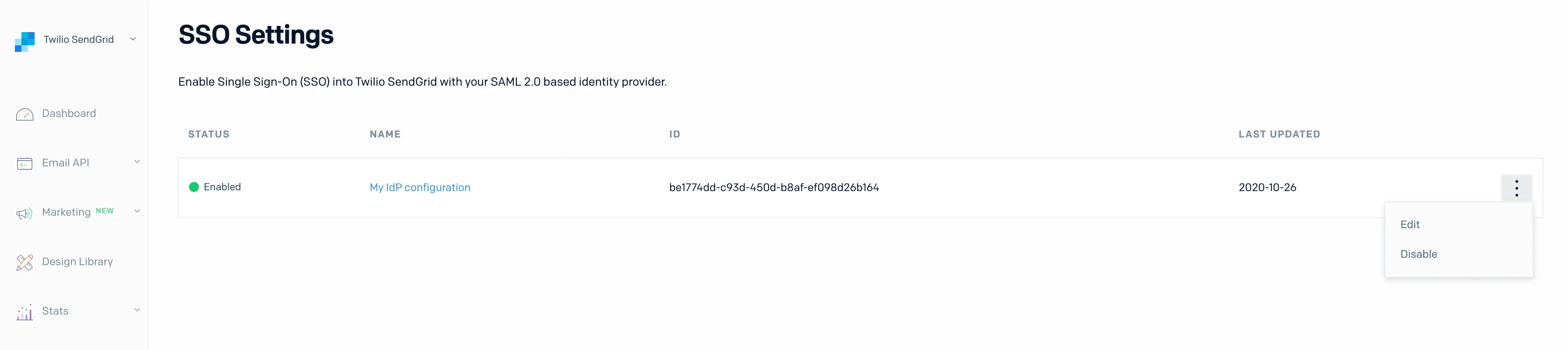 SSO settings page with options to edit or disable IdP configuration.