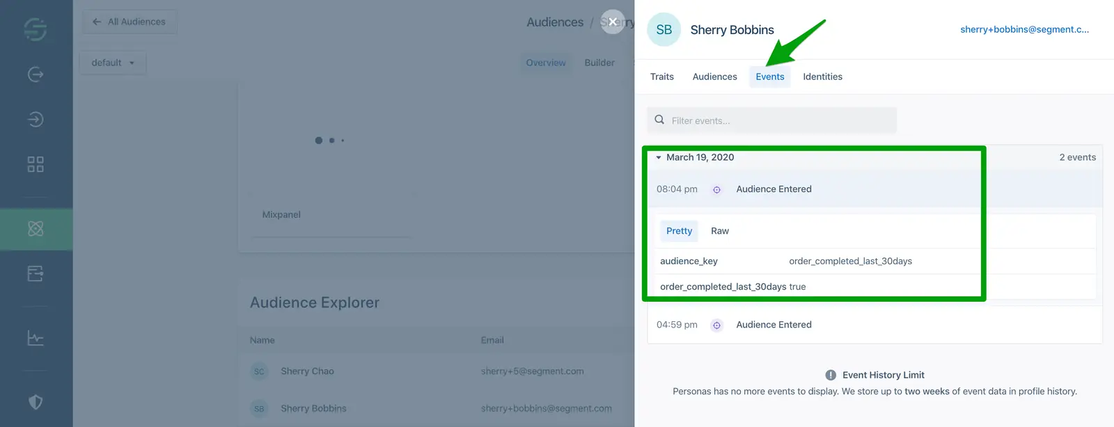 Segment Audience Explorer showing events for Sherry Bobbins with details of an Audience Entered event on March 19, 2020.